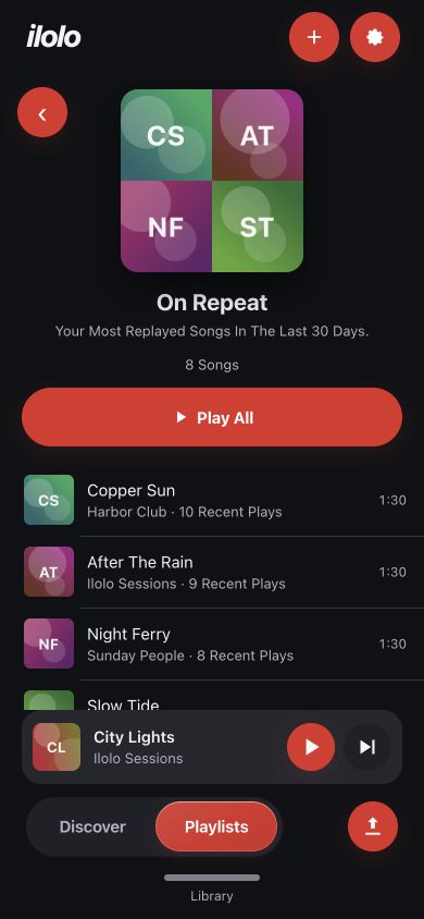 Ilolo’s dark theme showing On Repeat ranked by recent plays